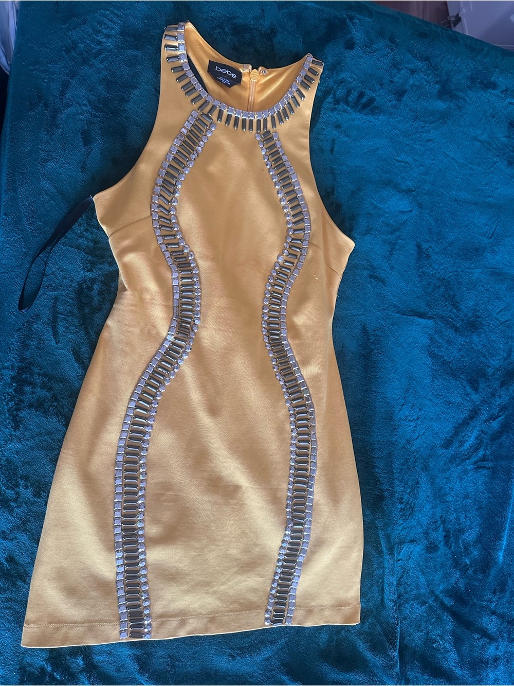 bebe Gold Mini Dress with Silver Crystal Trim